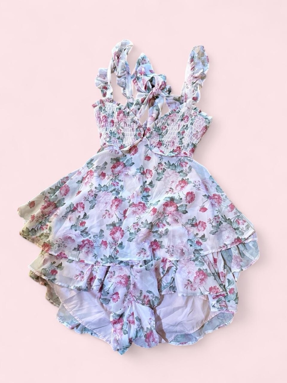 Altard state Floral Ruffle Smocked Romper in Pastel Pink & Green